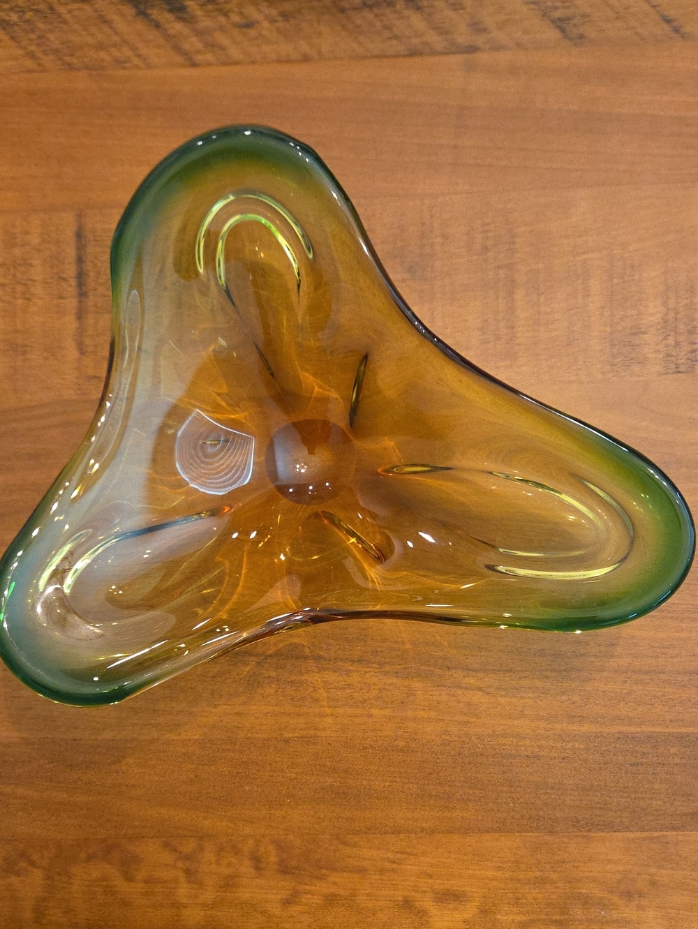 Hand-Blown Glass Decorative Bowl in Amber and Green